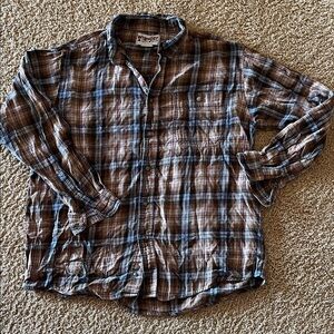 Wrangler Rugged Wear Casual Brown and Blue Plaid Shirt